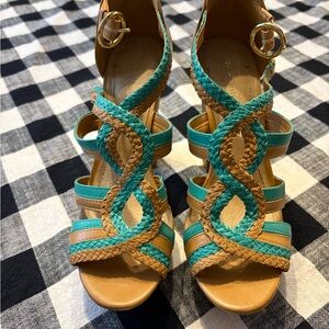BCBGeneration Teal and Tan Braided Sandals